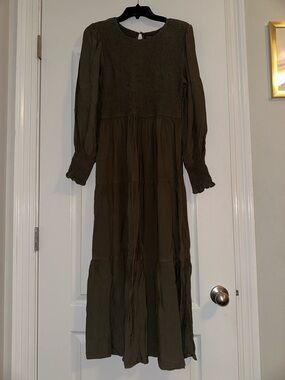 Olive Long-Sleeve Smocked Maxi Dress - Women